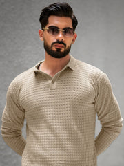 Checked Knit Beige Full Sleeve Polo T-Shirt