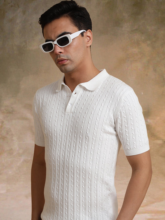 Ribbed Knit White Polo Half Sleeve T-Shirt