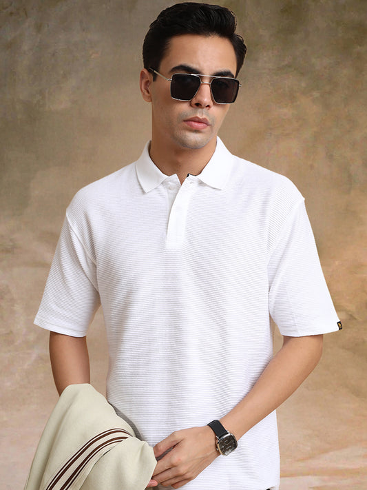 Cord Texture Half White Half Sleeve T-Shirt