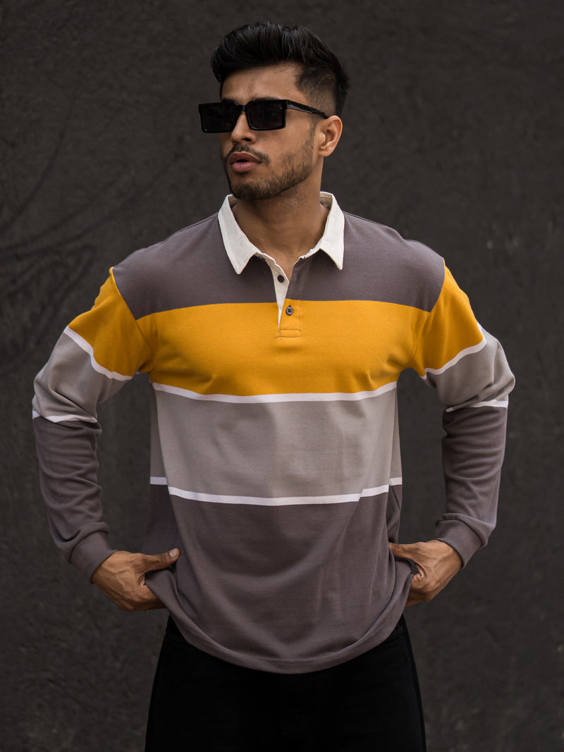 Auto Striped Grey Yellow Polo T-Shirt