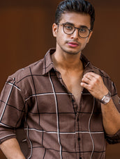 Embroidery Checks Brown Full Sleeve Shirt