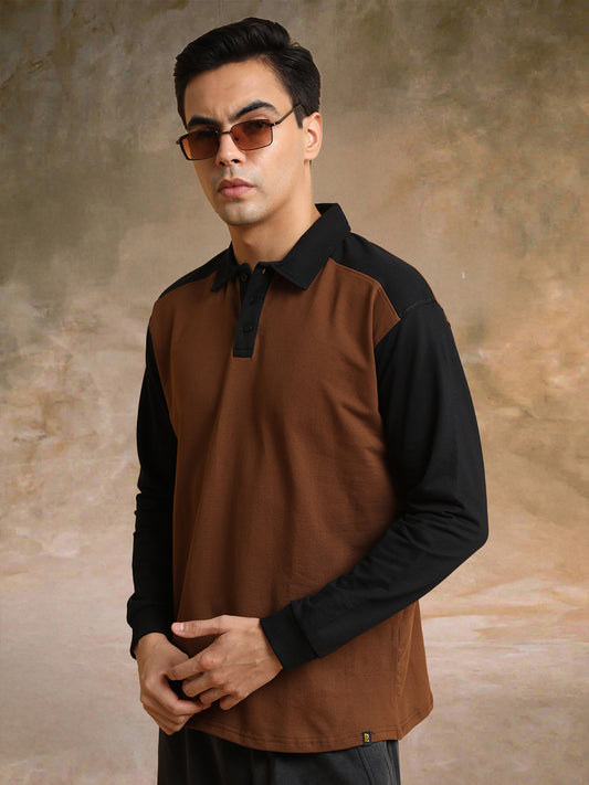 Colorblock Brown Full Sleeve Polo T-Shirt