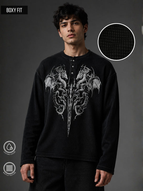 Dragon Black Waffle Henley Full Sleeve T-Shirt