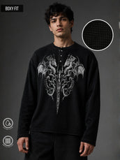 Dragon Black Waffle Henley Full Sleeve T-Shirt