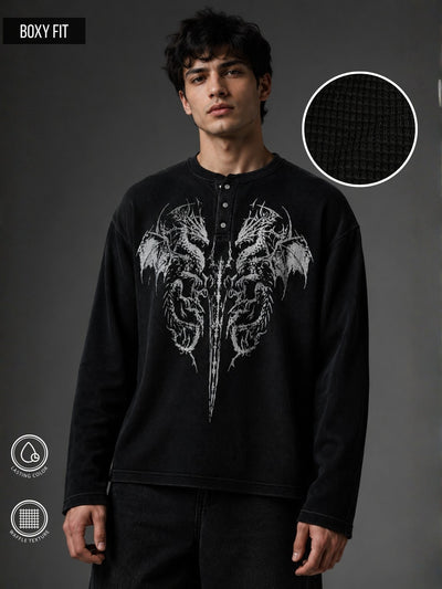 Dragon Black Waffle Henley Full Sleeve T-Shirt