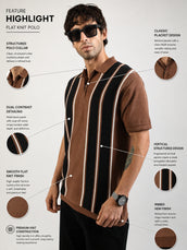 Brown Rome Stripes Flat-Knit Half Sleeve Polo T-Shirt