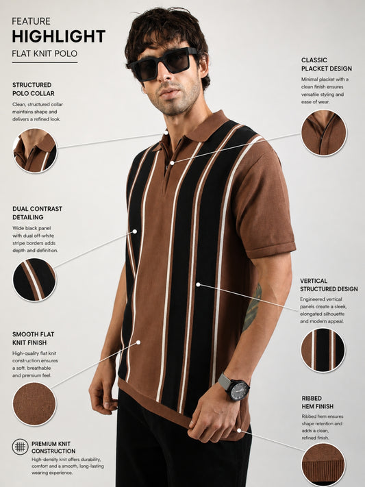 Brown Rome Stripes Flat-Knit Half Sleeve Polo T-Shirt