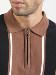 Brown Rome Stripes Flat-Knit Half Sleeve Polo T-Shirt