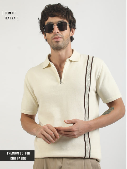 Racer Stripe FlatKnit Cream Half Sleeve T-Shirt