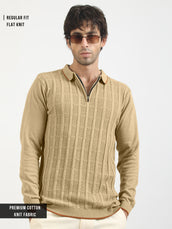 Vintage Vent Beige Flatknit Cotton Full Sleeve Polo T-Shirt