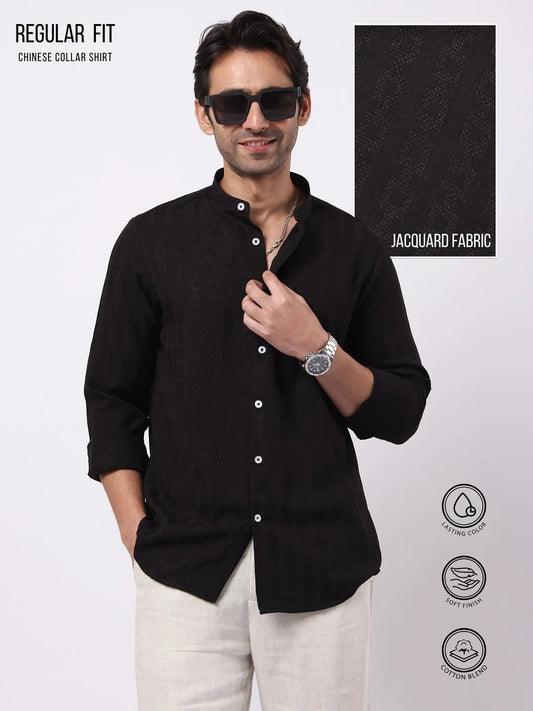 Self Jacquard Black Full Sleeve Shirt