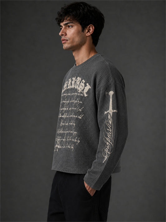 Wordings Grey Waffle Full Sleeve T-Shirt