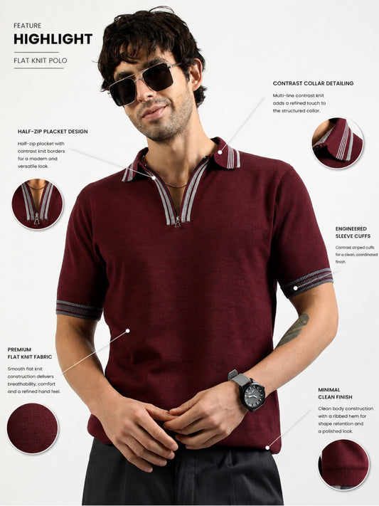 Maroon Noble Flat-Knit Half-Sleeve Polo T-Shirt
