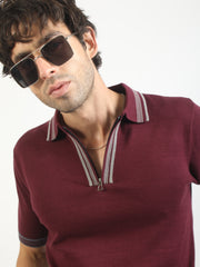 Maroon Noble Flat-Knit Half-Sleeve Polo T-Shirt