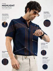 Tokyo Circuit Navy Flat-Knit Half Sleeve Polo T-Shirt