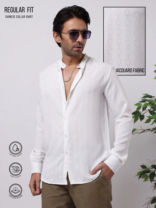Self Jacquard White Full Sleeve Shirt