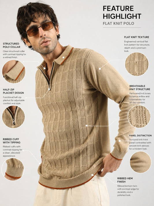 Vintage Vent Beige Flatknit Cotton Full Sleeve Polo T-Shirt