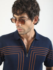 Tokyo Circuit Navy Flat-Knit Half Sleeve Polo T-Shirt