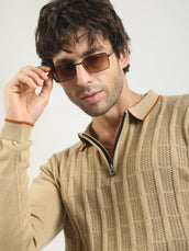 Vintage Vent Beige Flatknit Cotton Full Sleeve Polo T-Shirt