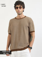 Brown Pixel Knit Flat-Knit Half-Sleeve T-Shirt