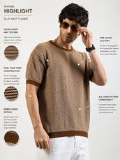 Brown Pixel Knit Flat-Knit Half-Sleeve T-Shirt