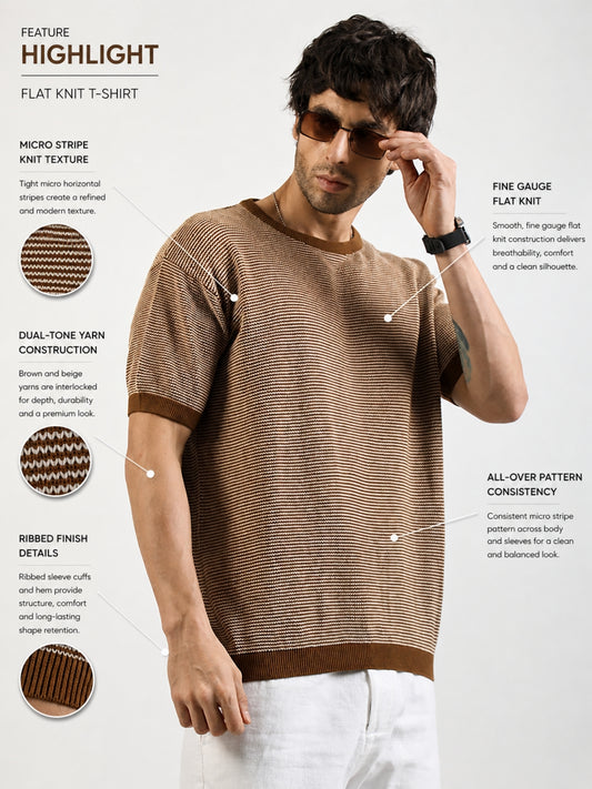 Brown Pixel Knit Flat-Knit Half-Sleeve T-Shirt