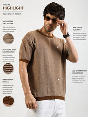 Brown Pixel Knit Flat-Knit Half-Sleeve T-Shirt
