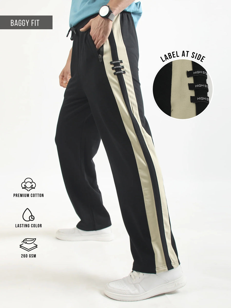 Black high stakes baggy track pants for men
