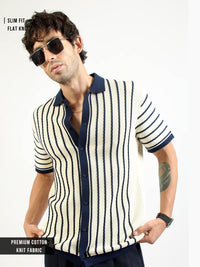 Cream Venice Stripes Flat-Knit Half-Sleeve Polo Shirt