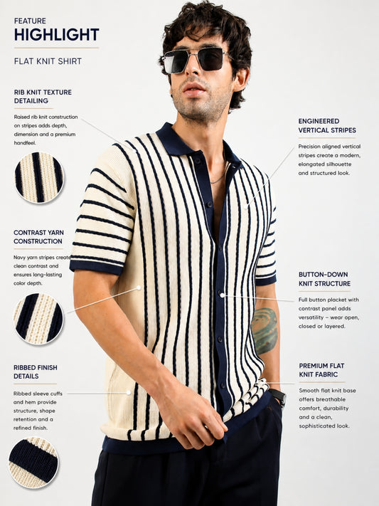 Cream Venice Stripes Flat-Knit Half-Sleeve Polo Shirt