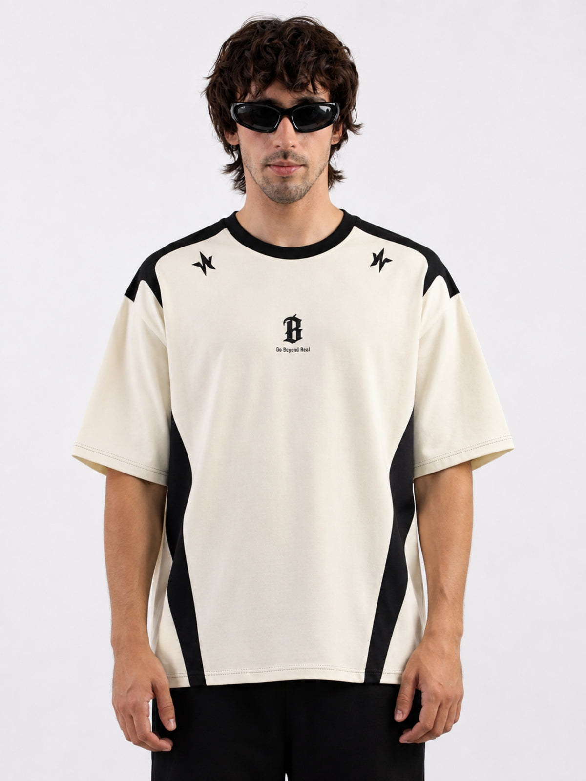 Cut & Sew Cream Half Sleeve T-Shirt - Image 3