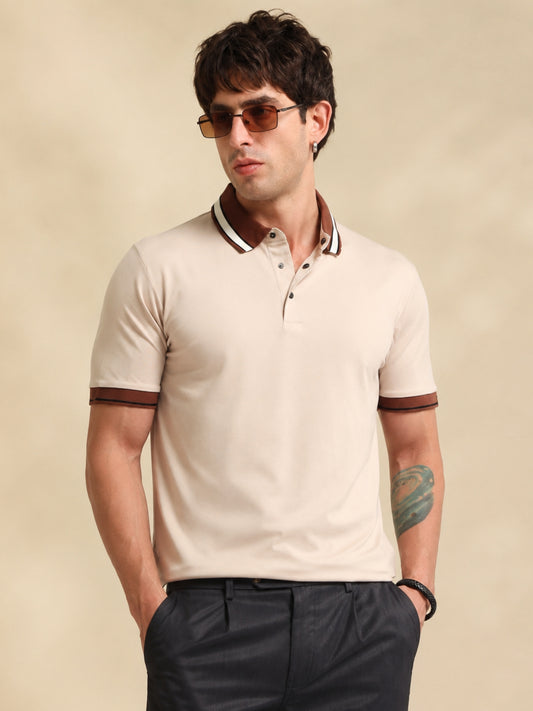 Biscuit Contrast Half Sleeve Polo T-Shirt