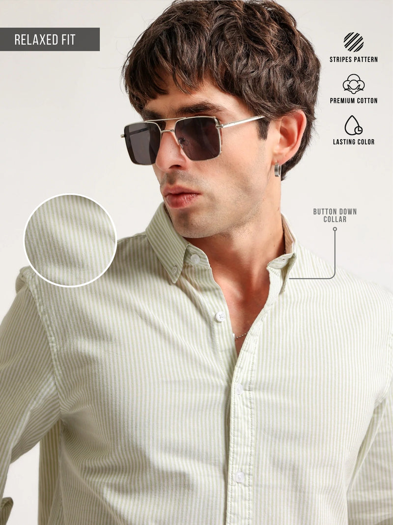 Oxford Stripes Pista Green Full Sleeve Shirt