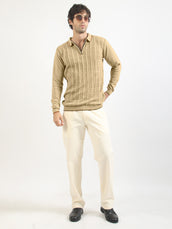 Vintage Vent Beige Flatknit Cotton Full Sleeve Polo T-Shirt