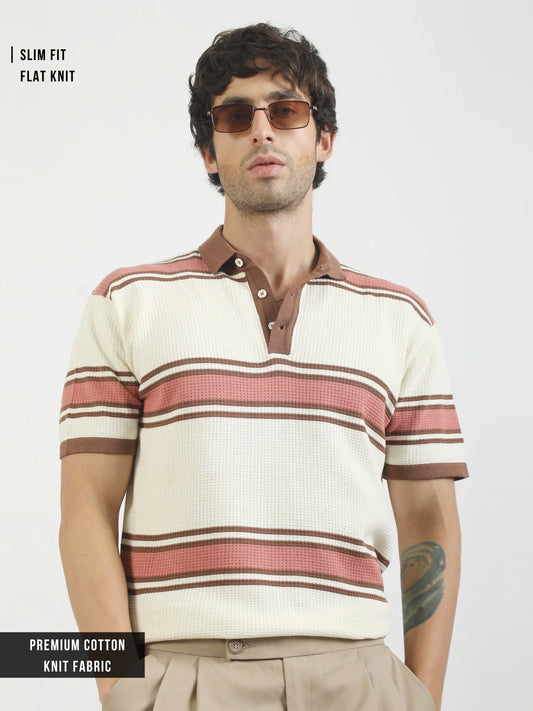 Cream Madrid Stripe Flat-Knit Half Sleeve Polo T-Shirt
