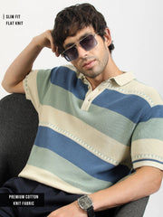 Monaco Stripe Flat-Knit Half Sleeve Polo T-Shirt – Cream & Denim Blue