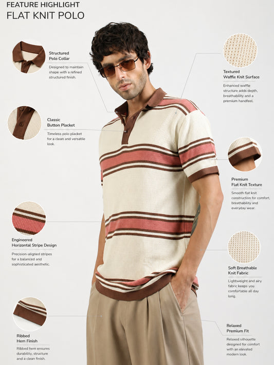 Cream Madrid Stripe Flat-Knit Half Sleeve Polo T-Shirt