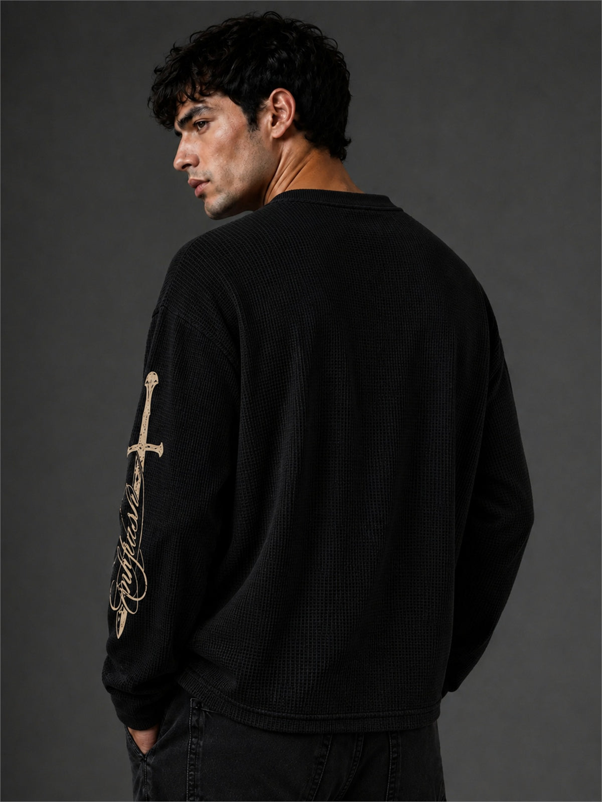 ManiacLife Black Waffle Full Sleeve T-Shirt - Image 3