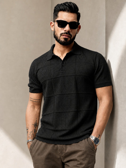 Black Pointelle Half Sleeve Polo T-Shirt