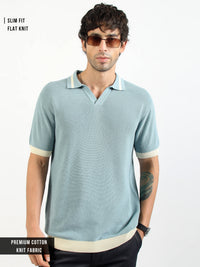 Aqua Blue Mistline Flat-Knit Half-Sleeve Polo T-Shirt