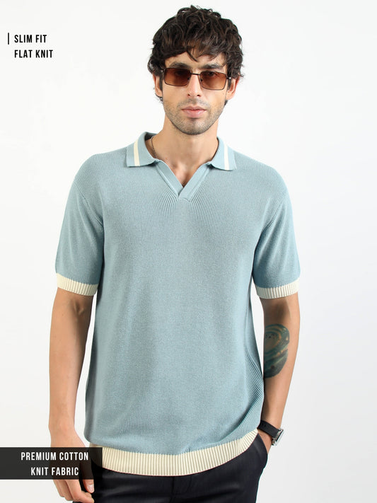 Aqua Blue Mistline Flat-Knit Half-Sleeve Polo T-Shirt