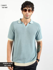 Aqua Blue Mistline Flat-Knit Half-Sleeve Polo T-Shirt