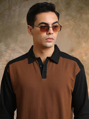 Colorblock Brown Full Sleeve Polo T-Shirt