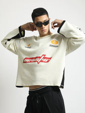 Newslur Cream, Red Waflle Full Sleeve Boxy T-Shirt