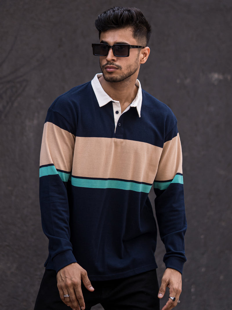 Auto Striped Navy Beige Polo T-Shirt