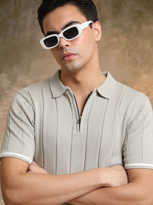 Drop Needle Beige Flatknit Half Sleeve Polo T-Shirt