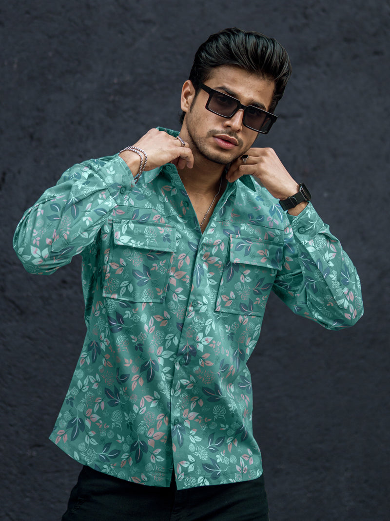 Floral Double Pocket Green Shirt