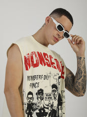 Nonsense Print Cream, Black Sleeveless T-Shirt