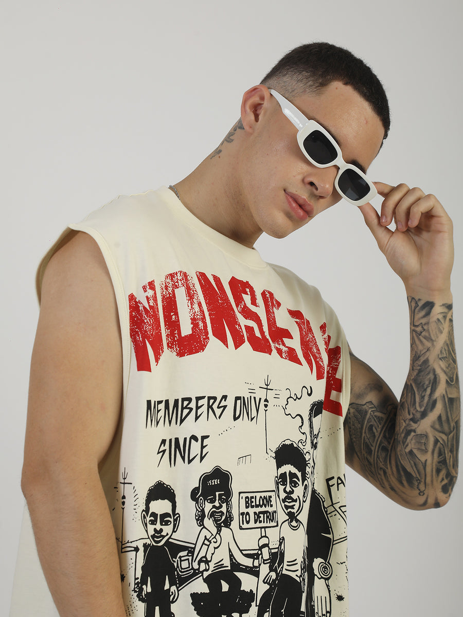 Nonsense Print Cream, Black Sleeveless T-Shirt