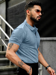Blue Textured Half Sleeve Polo T-Shirt